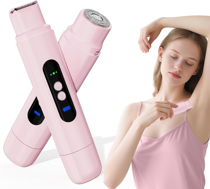 PUNOLAZY مقص بikinى للنساء، ماكينة حلاقة كهربائية بسرعتين لشعر العانة، ماكينة حلاقة مزدوجة الرأس للنساء، مقاومة للماء IPX7، قابلة لإعادة الشحن، مقص للسيدات للبيكيني، الإبط، الجسم، الساق، الوجه، باللون الوردي - Image 1